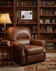 Bloodhound-Heritage History Dog Breed Portrait over Brown leather armchair in a room with bookshelves and decorative items.