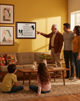 Family in a living room with a man pointing at a Border Collie-Heritage History Dog Breed Portrait on the wall.