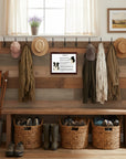 Entryway with wooden bench, wicker baskets, and hanging coats and hats against a wooden wall along with a Border Collie-Heritage History Dog Breed Portrait .
