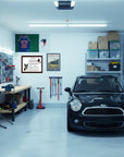 Boston Terrier-Heritage History Dog Breed Portrait in Garage with a black car, tools, and storage shelves.