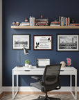 Home office with a desk, chair, and shelves against a blue wall and a Boston Terrier-Heritage History Dog Breed Portrait