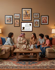 Group of people sitting on a couch in a living room with a Boxer-Heritage History Dog Breed Portrait on the wall.