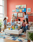 Family gathering in a colorful living room with family members looking at a Bull Terrier-Heritage History Dog Breed Portrait on the wall.