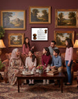 Family gathering in a living room with decorative paintings and a Dachshund-Heritage History Dog Breed Portrait on the wall.