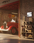 Vintage red fire truck inside a garage with tools and equipment on shelves and a Dalmatian-Heritage History Dog Breed Portrait on the brick wall.