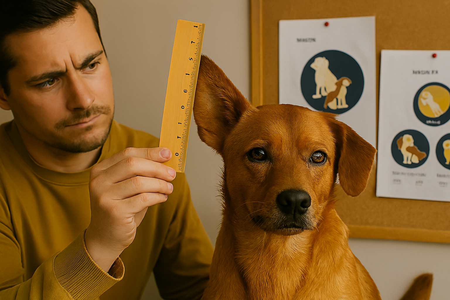 A man with a ruler in his hand to measure his dogs ear for a visual clue about the dog's breed.