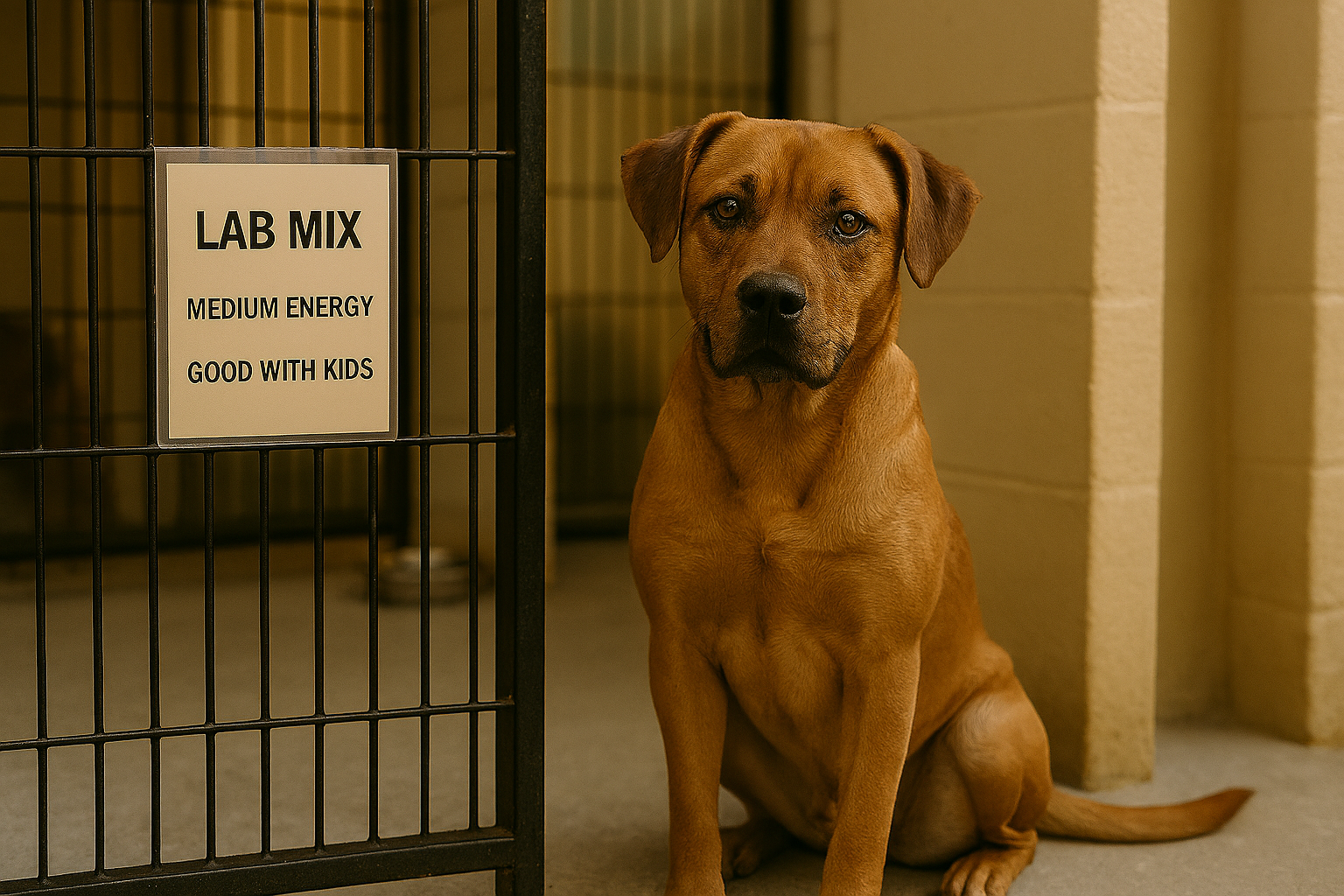 A mixed breed dog in a Shelter cage with a misleading sign about him being a Lab Mix and good with children.