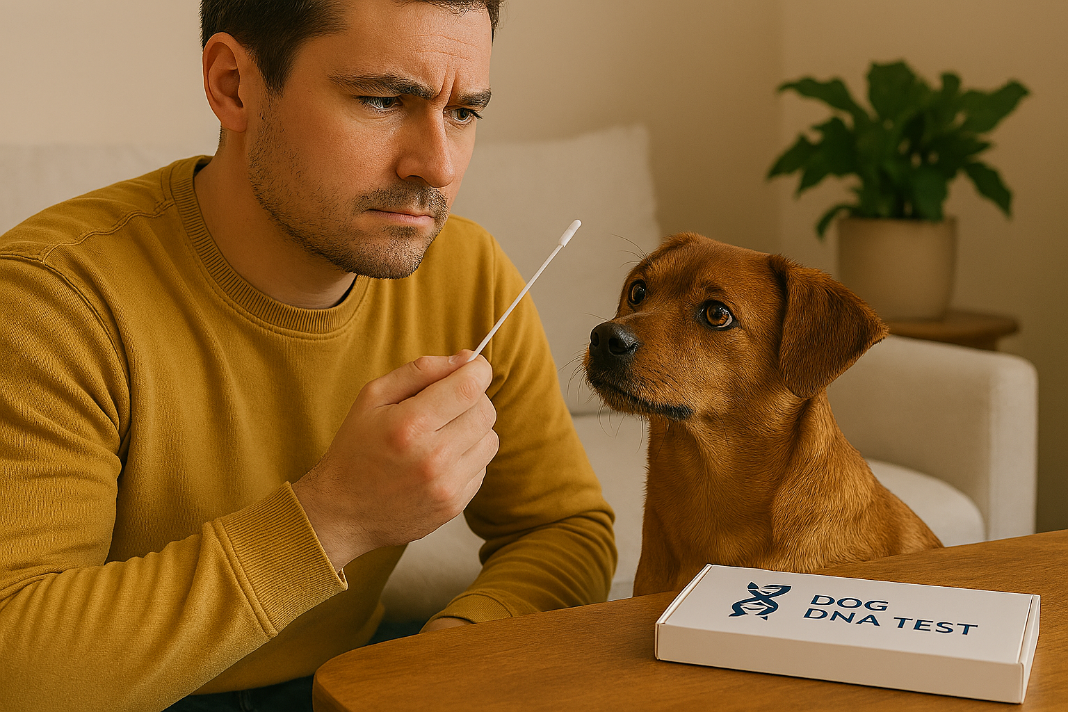 A man with a DNA swab from a kit on the table in his hand looking at his mixed breed dog.