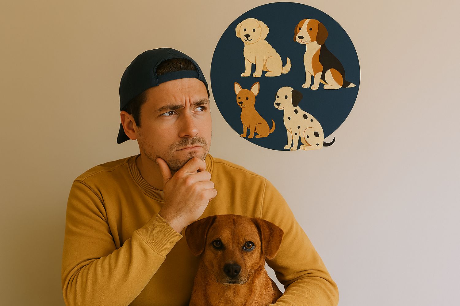 a Man in gold sweat shirt pondering what his dog breed might be mixed with.