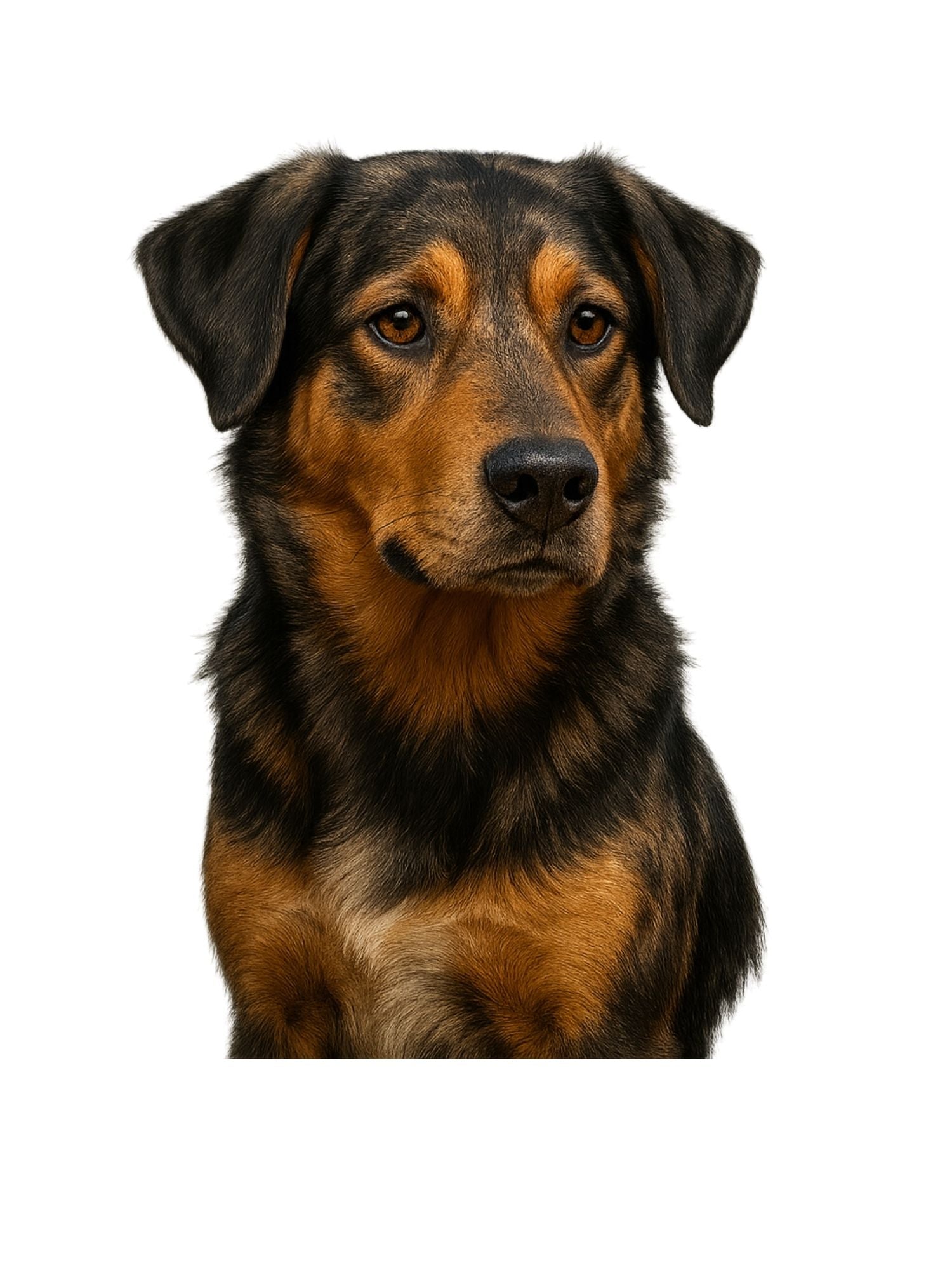 Aussiedor dog (Australian Shepherd +Labrador Retriever) with black and brown fur on a white background