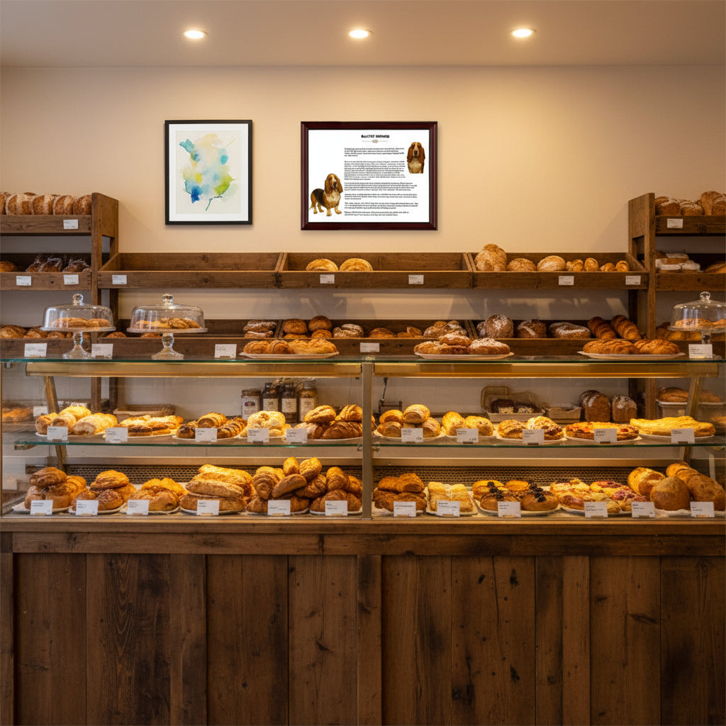 Display case with various pastries in a bakery setting, with a Basset Hound Heritage History   Portrait on the wall.