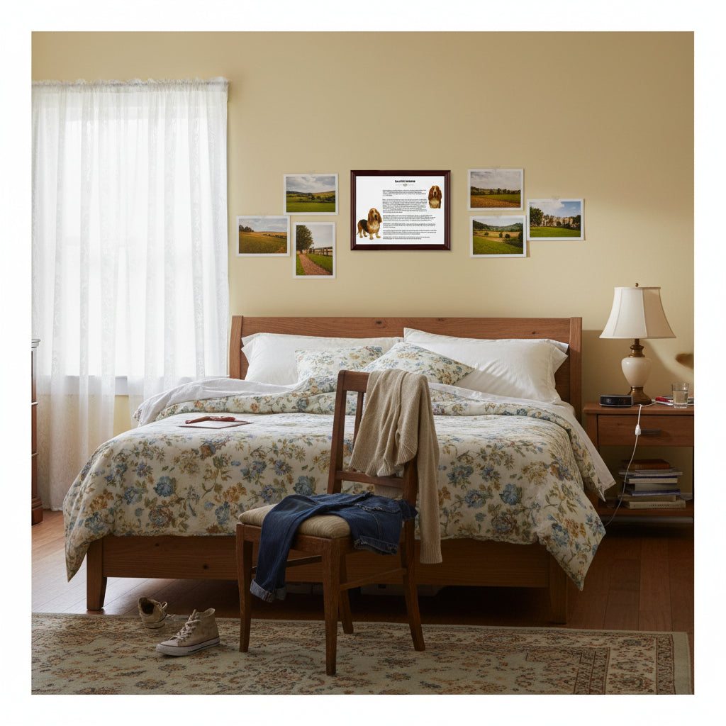 Basset Hound-Heritage History Dog Breed Portrait hanging on a bedroom wall