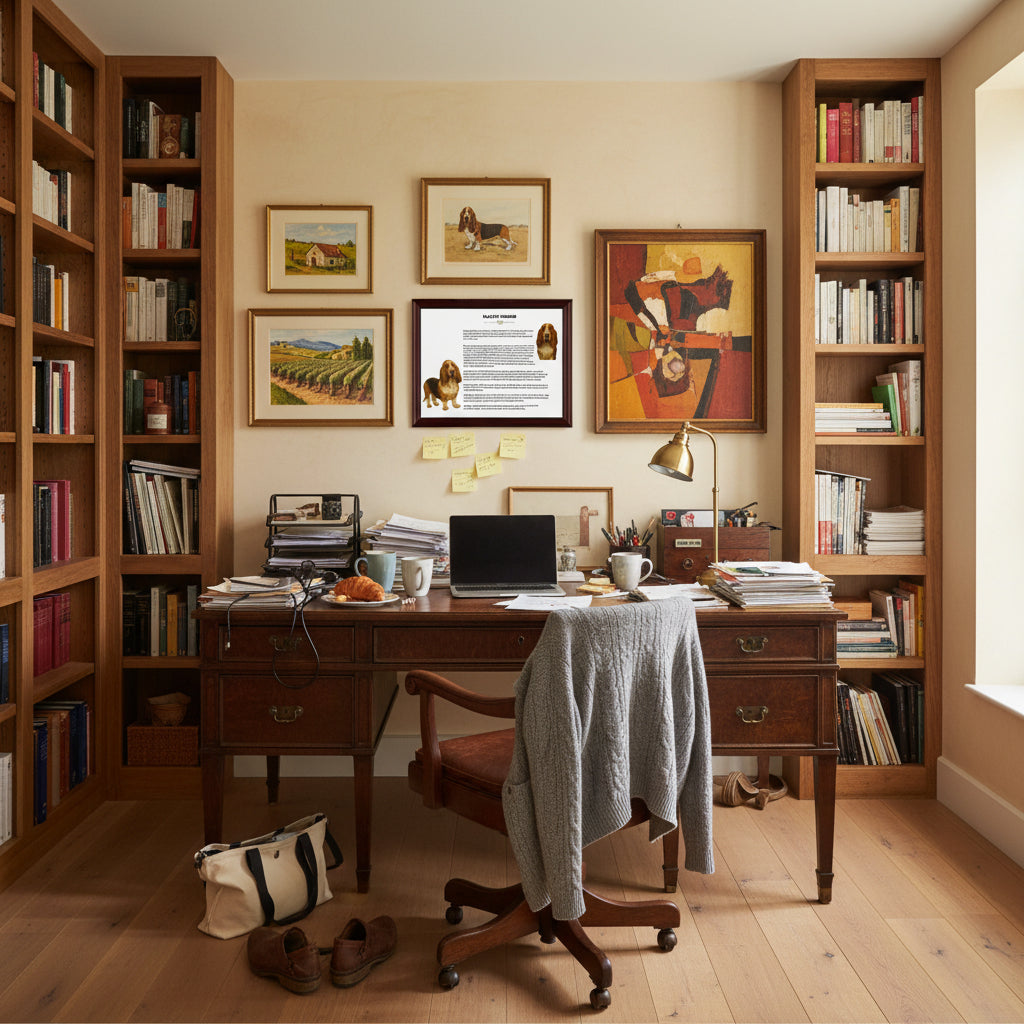 Home office with wooden desk, bookshelves, and Basset Hound-Heritage History Dog Breed Portrait on the wall