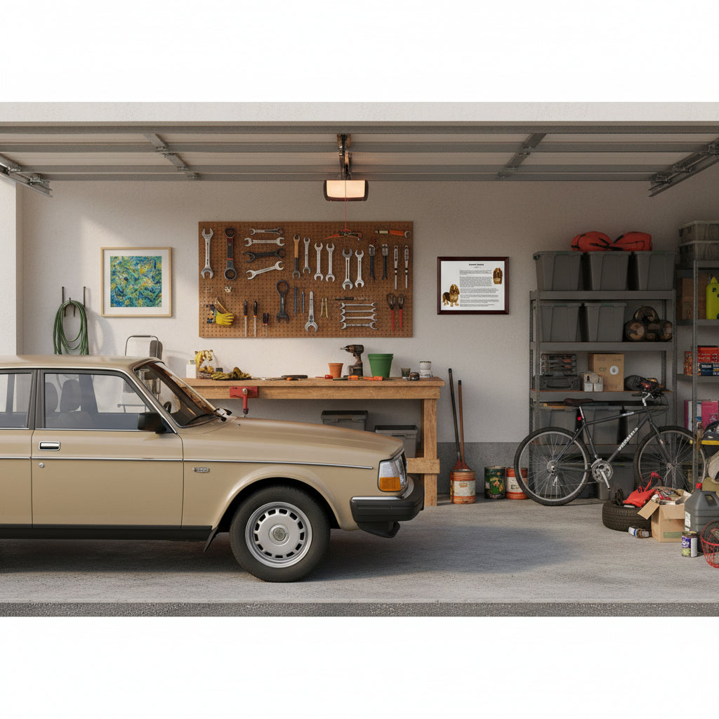 Garage with a beige car, workbench, tools, and bicycles with Basset Hound-Heritage History Dog Breed Portrait on the wall