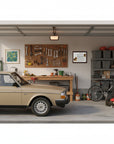 Garage with a beige car, workbench, tools, and bicycles with Basset Hound-Heritage History Dog Breed Portrait on the wall