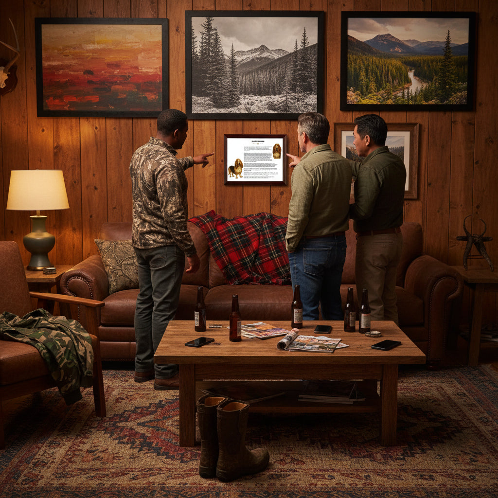 Three men in a rustic living room pointing at a Basset Hound-Heritage History  Portrait on the wall.