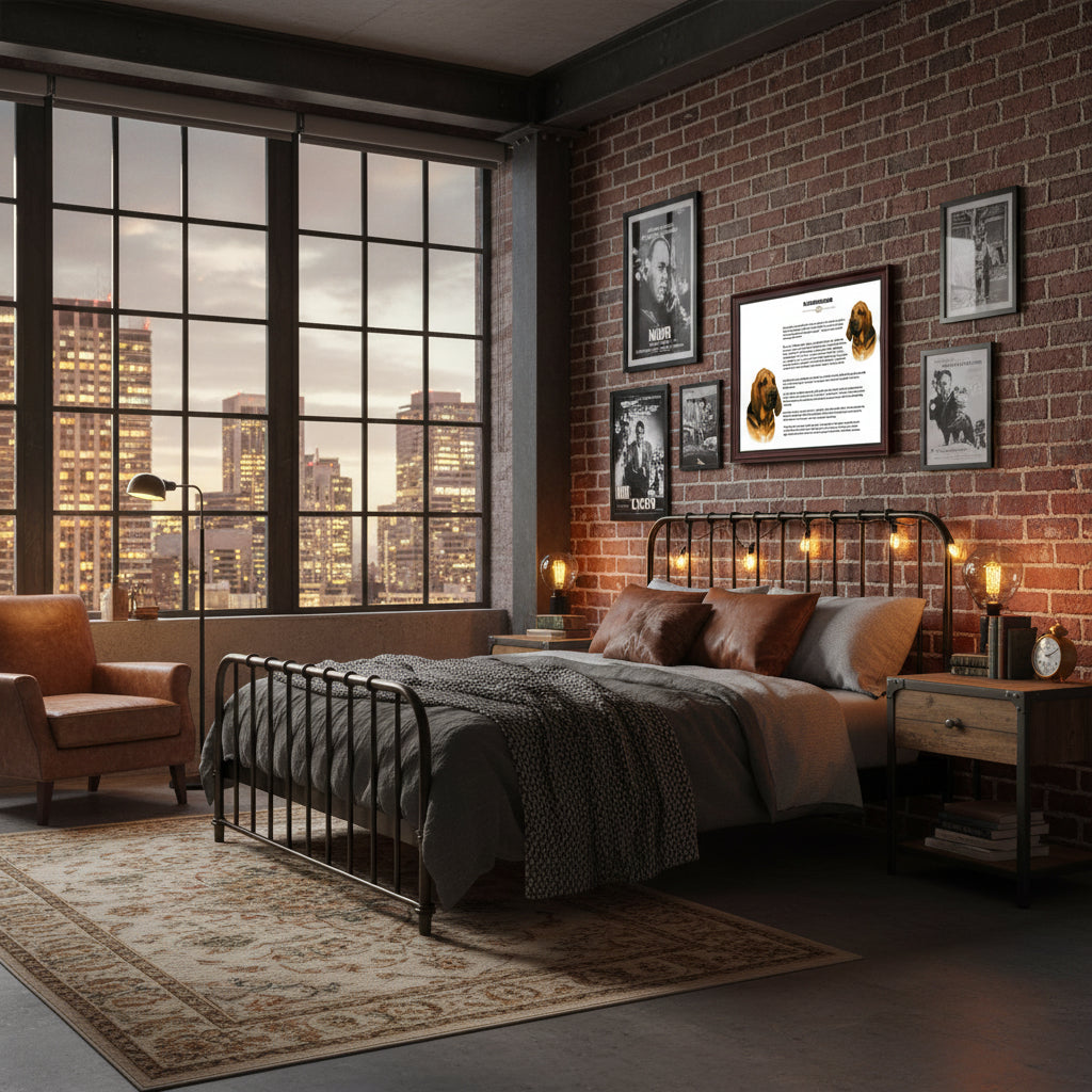 Bloodhound-Heritage History Dog Breed Portrait over Modern bedroom with brick wall, large windows, and decorative lighting.