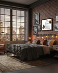 Bloodhound-Heritage History Dog Breed Portrait over Modern bedroom with brick wall, large windows, and decorative lighting.