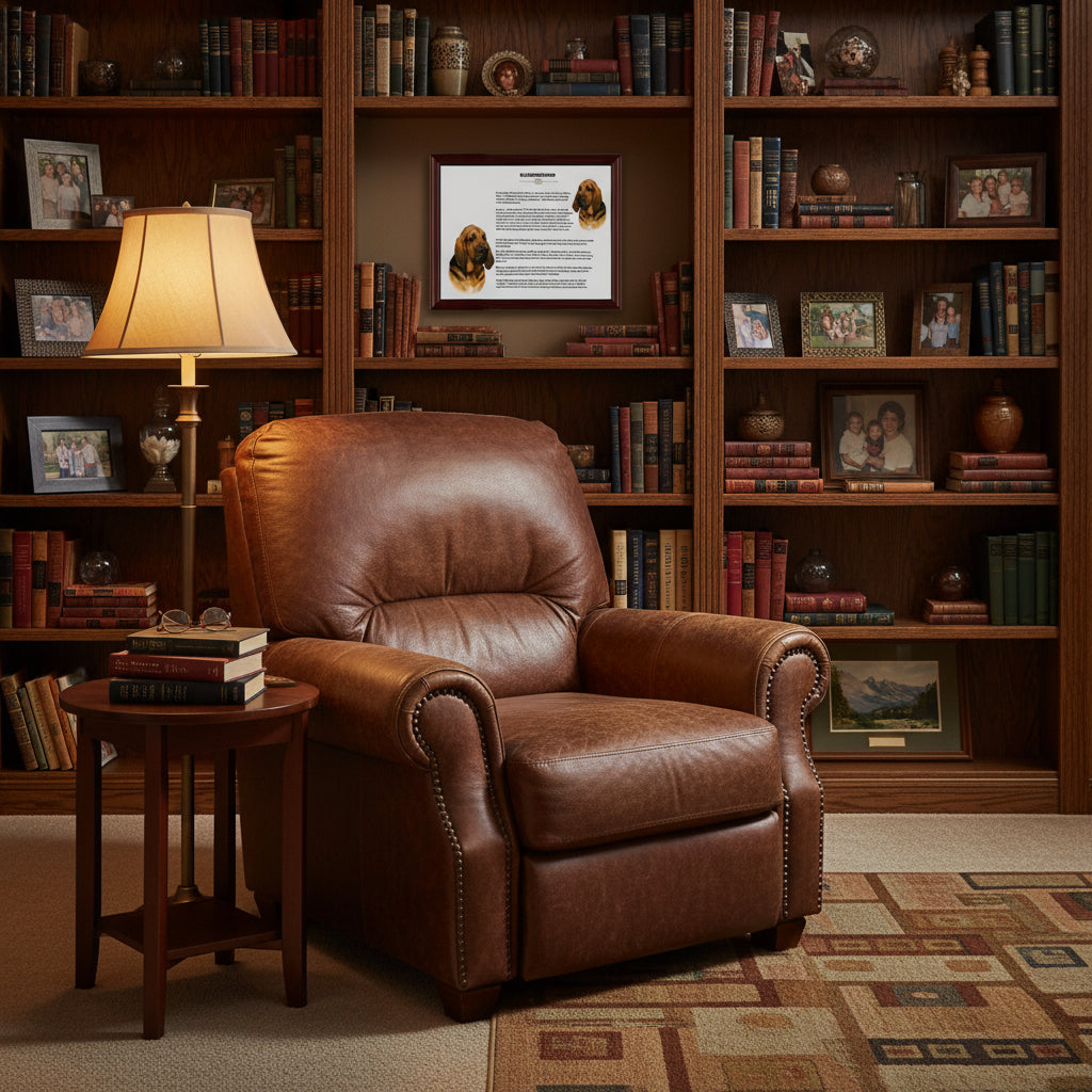 Bloodhound-Heritage History Dog Breed Portrait over Brown leather armchair in a room with bookshelves and decorative items.