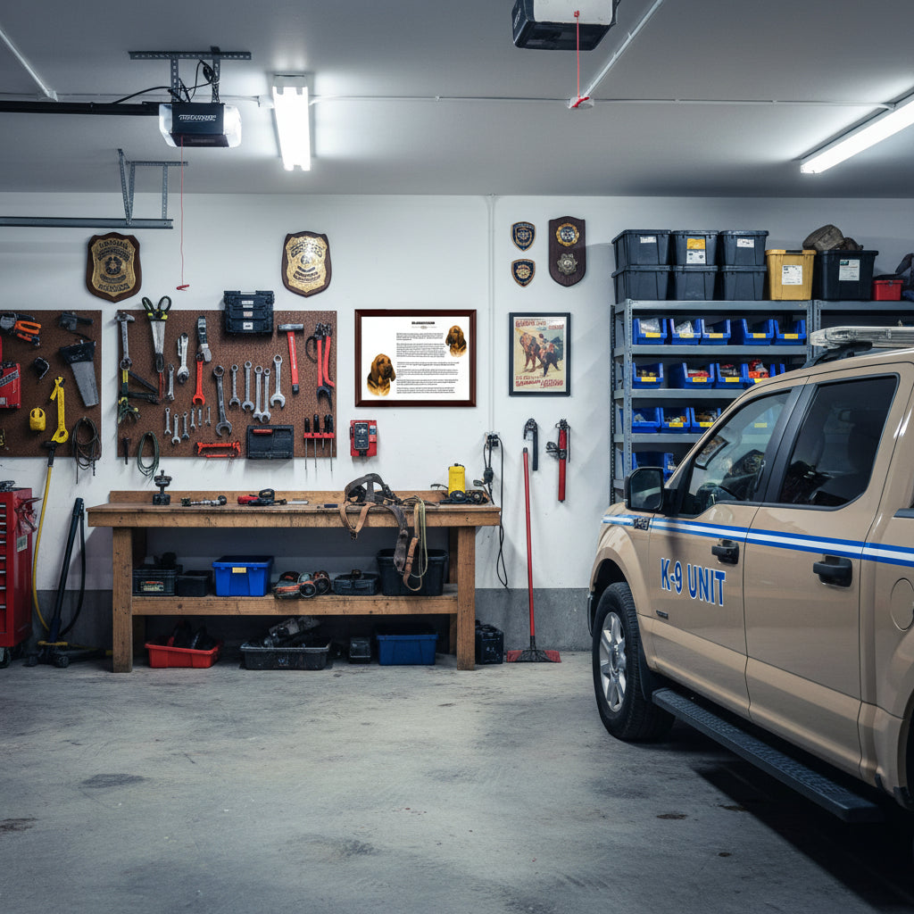 Bloodhound-Heritage History Dog Breed Portrait in Garage with workbench, tools, and K9 Unit vehicle
