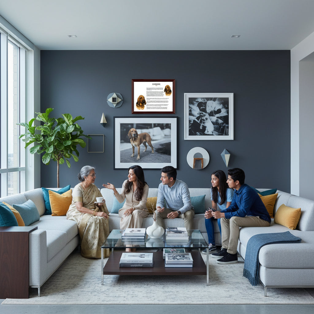 Family sitting on a couch in a modern living room with decor elements and the Bloodhound-Heritage History Dog Breed Portrait on wall