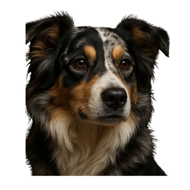 Bust of a Border Aussie Dog with black, brown, and white fur on a white background