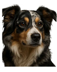 Bust of a Border Aussie Dog with black, brown, and white fur on a white background