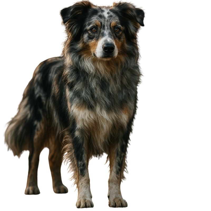 Border Aussie with a tricolor coat standing on a white background