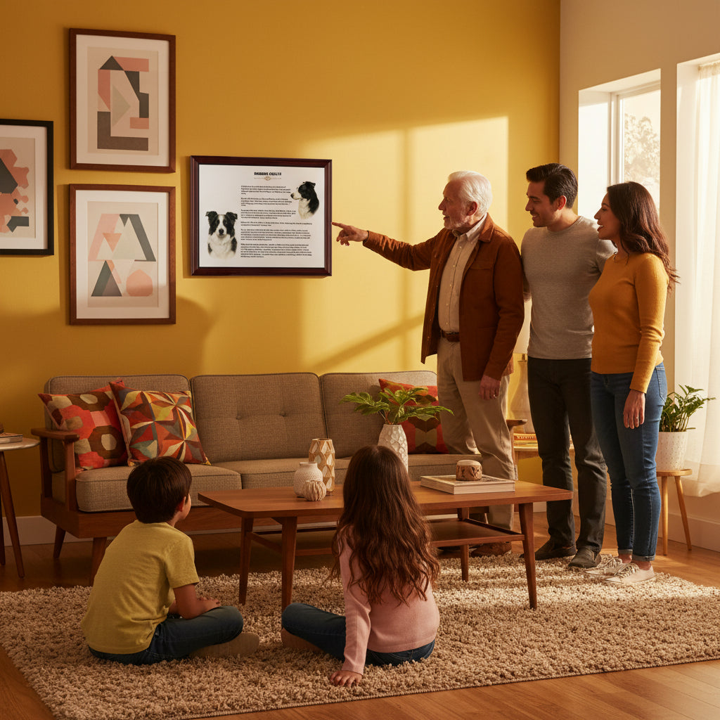 Family in a living room with a man pointing at a Border Collie-Heritage History Dog Breed Portrait on the wall.