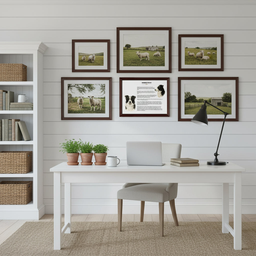 Home office with a desk, chair, and a Border Collie-Heritage History Dog Breed Portrait on the wall.