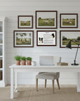 Home office with a desk, chair, and a Border Collie-Heritage History Dog Breed Portrait on the wall.