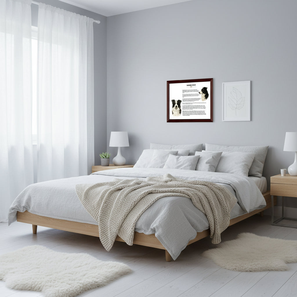 Modern bedroom with a bed, nightstands, and a Border Collie-Heritage History Dog Breed Portrait on the wall.