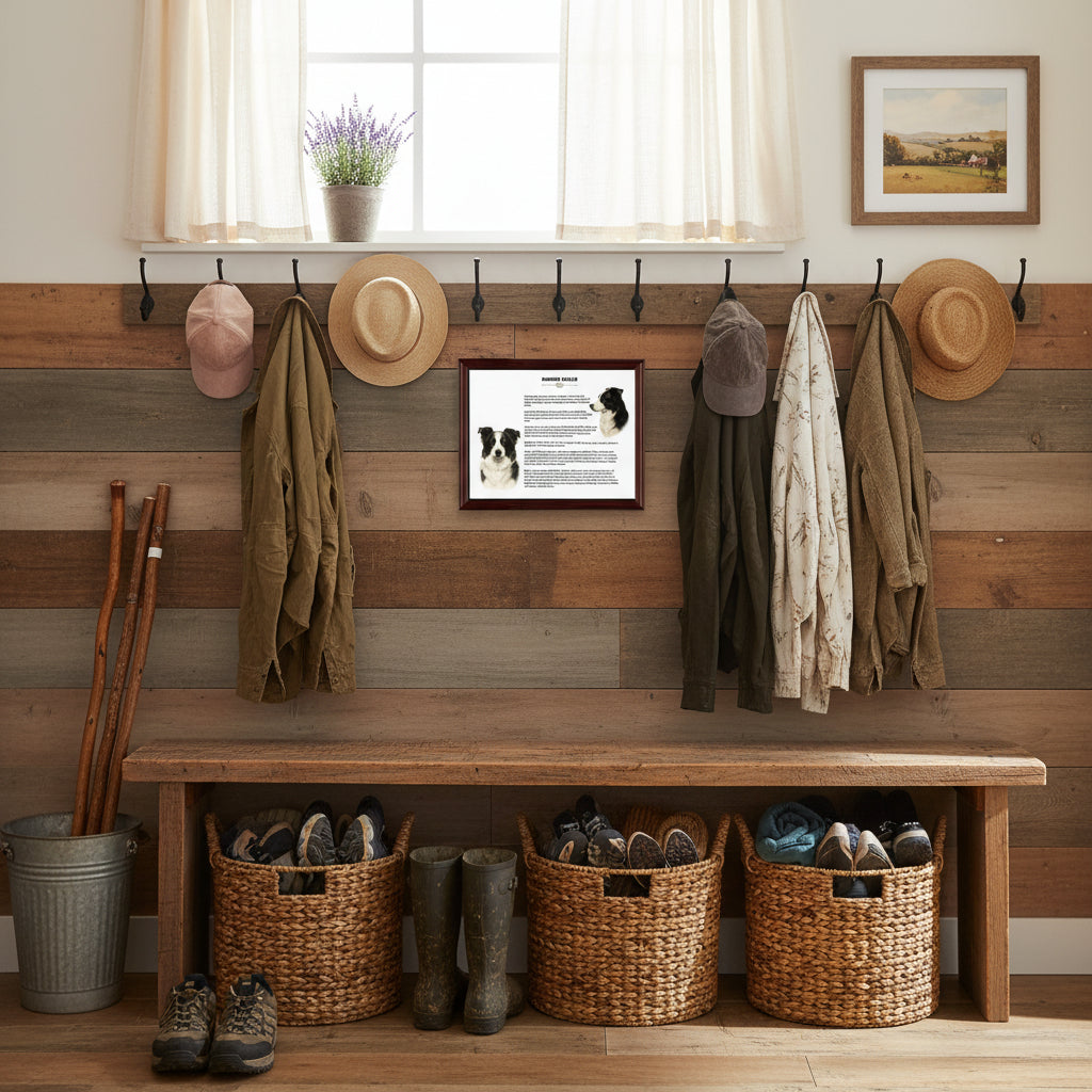 Entryway with wooden bench, wicker baskets, and hanging coats and hats against a wooden wall along with  a Border Collie-Heritage History Dog Breed Portrait .
