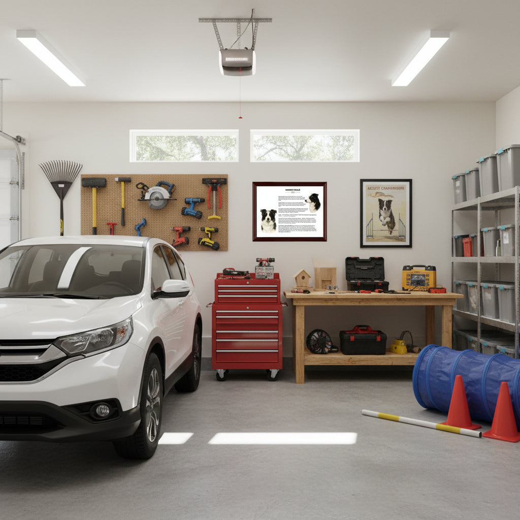 Border Collie-Heritage History Dog Breed Portrait in a Garage interior with a white car, tool chest, workbench, and storage shelves.