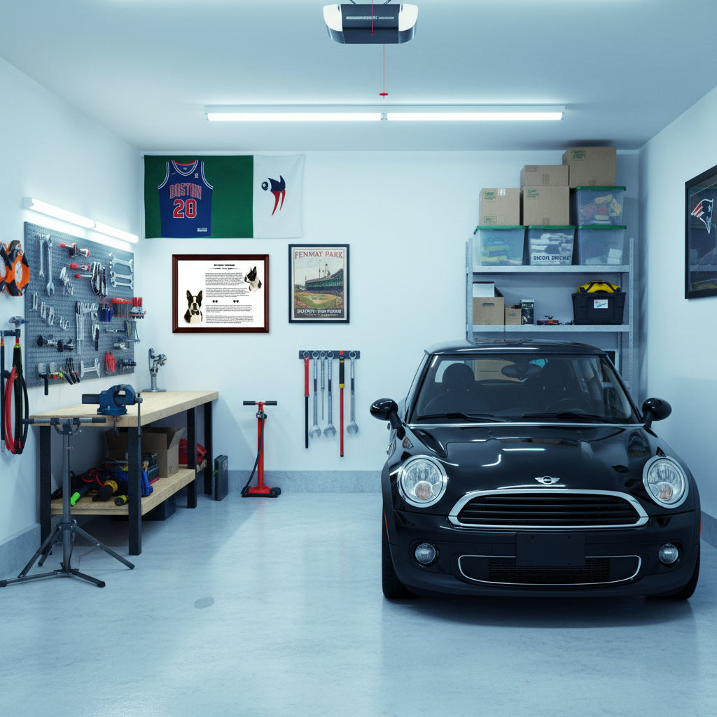 Boston Terrier-Heritage History Dog Breed Portrait in Garage with a black car, tools, and storage shelves.