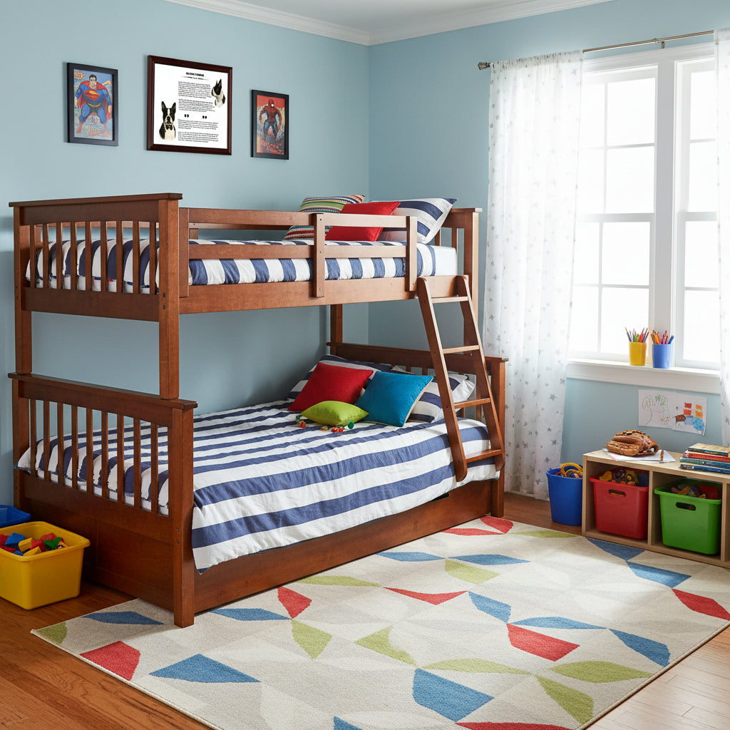 Children's bedroom with a wooden bunk bed, colorful rug, and toys with a Boston Terrier-Heritage History Dog Breed Portrait on the wall