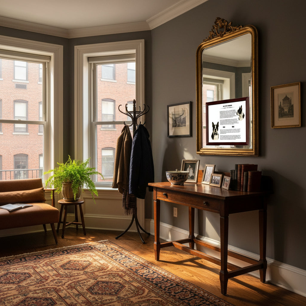 den with wooden desk, mirror, and coat rack against a gray wall with a Boston Terrier-Heritage History Dog Breed Portrait on the mirror.