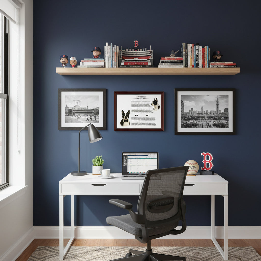 Home office with a desk, chair, and shelves against a blue wall and a Boston Terrier-Heritage History Dog Breed Portrait