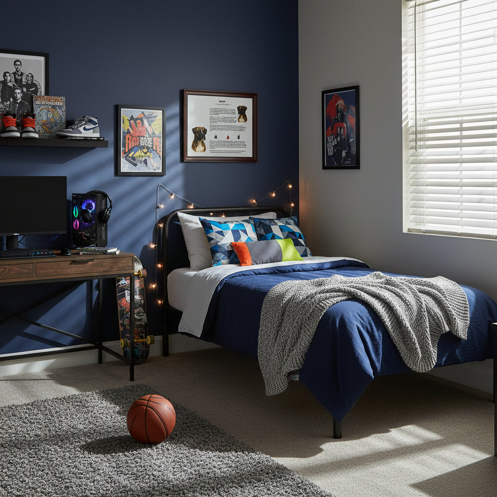 Modern bedroom with blue walls, bed, desk, and sports ball on gray rug with a Boxer-Heritage History Dog Breed Portrait on the wall.
