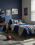 Modern bedroom with blue walls, bed, desk, and sports ball on gray rug with a Boxer-Heritage History Dog Breed Portrait on the wall.