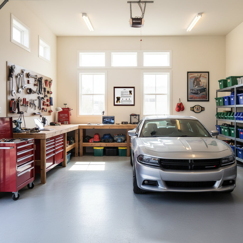 Boxer-Heritage History Dog Breed Portrait in a Garage with a silver car parked inside, tool cabinets, and workbenches.