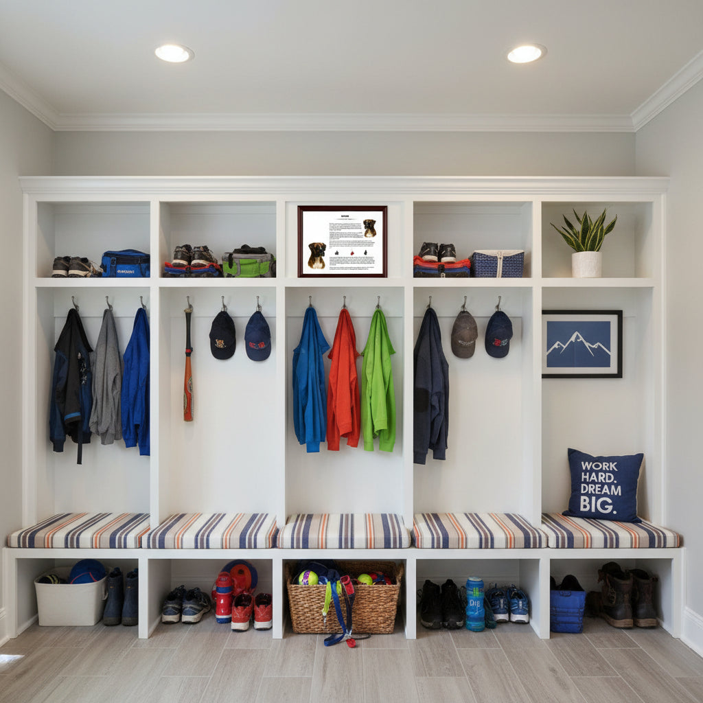 Boxer-Heritage History Dog Breed Portrait in a Mudroom with white storage shelves featuring jackets, shoes, and decorative items.