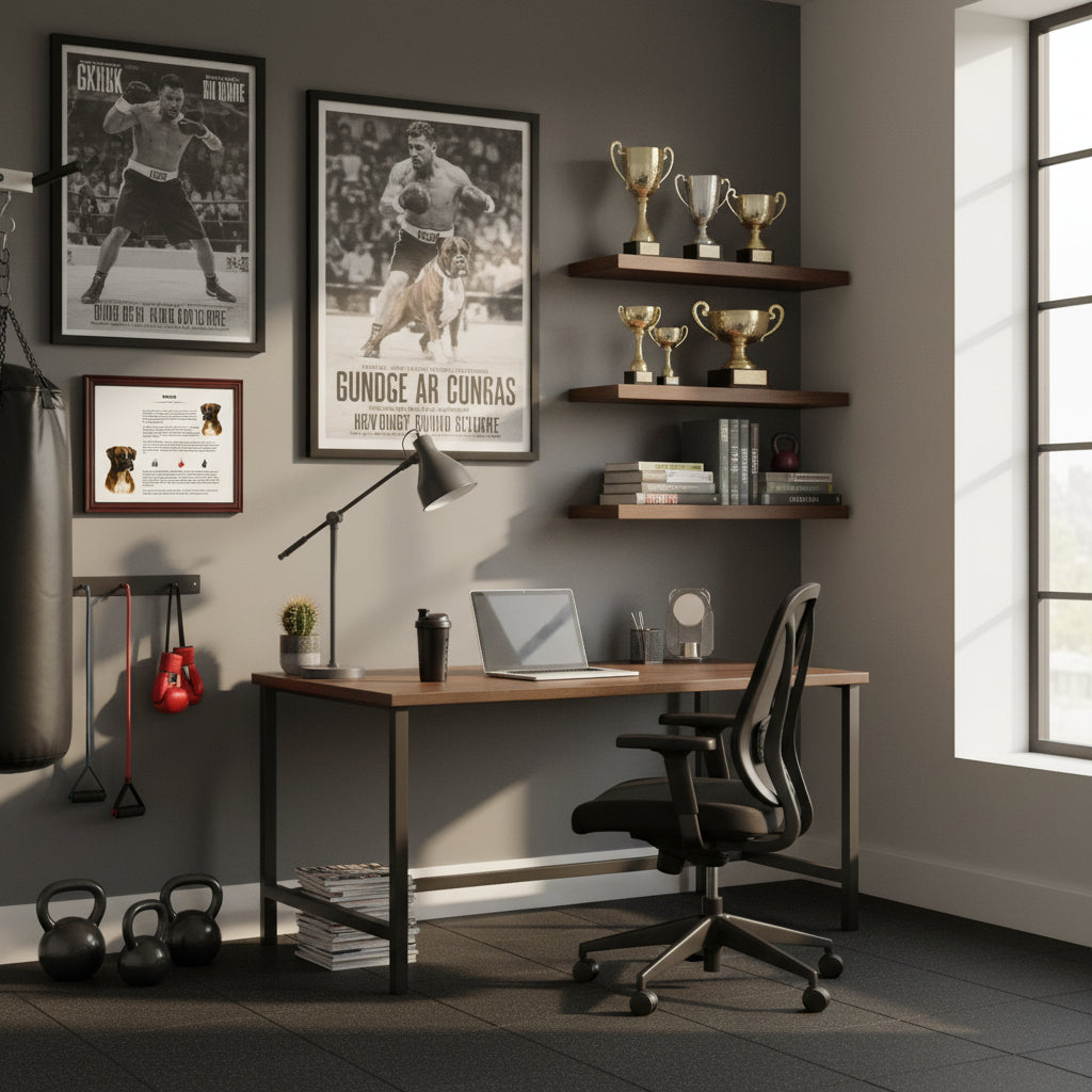 Boxer-Heritage History Dog Breed Portrait in a Modern home office with desk, chair, and boxing-themed decor