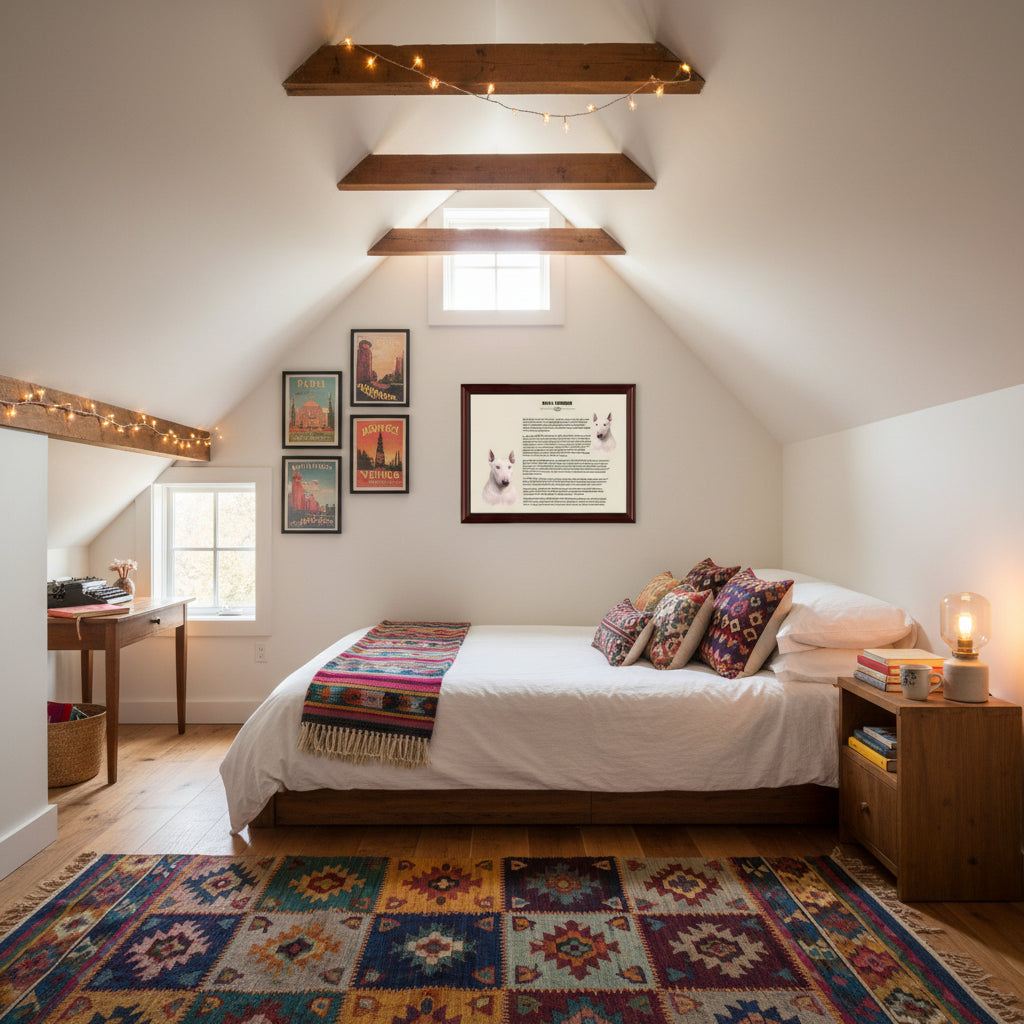Bull Terrier-Heritage History Dog Breed Portrait hanging in a Cozy loft bedroom with a bed, desk, and colorful rug.