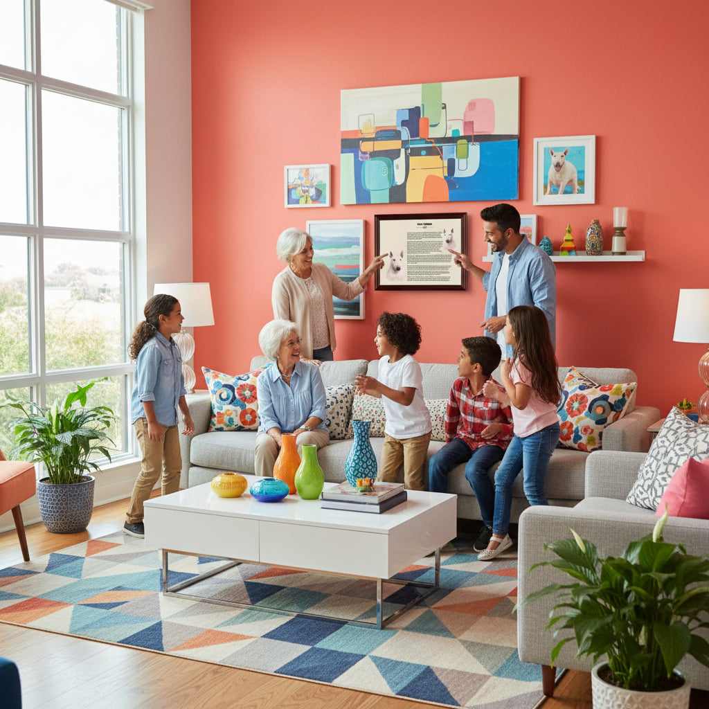 Family gathering in a colorful living room with family members looking at a Bull Terrier-Heritage History Dog Breed Portrait on the wall.