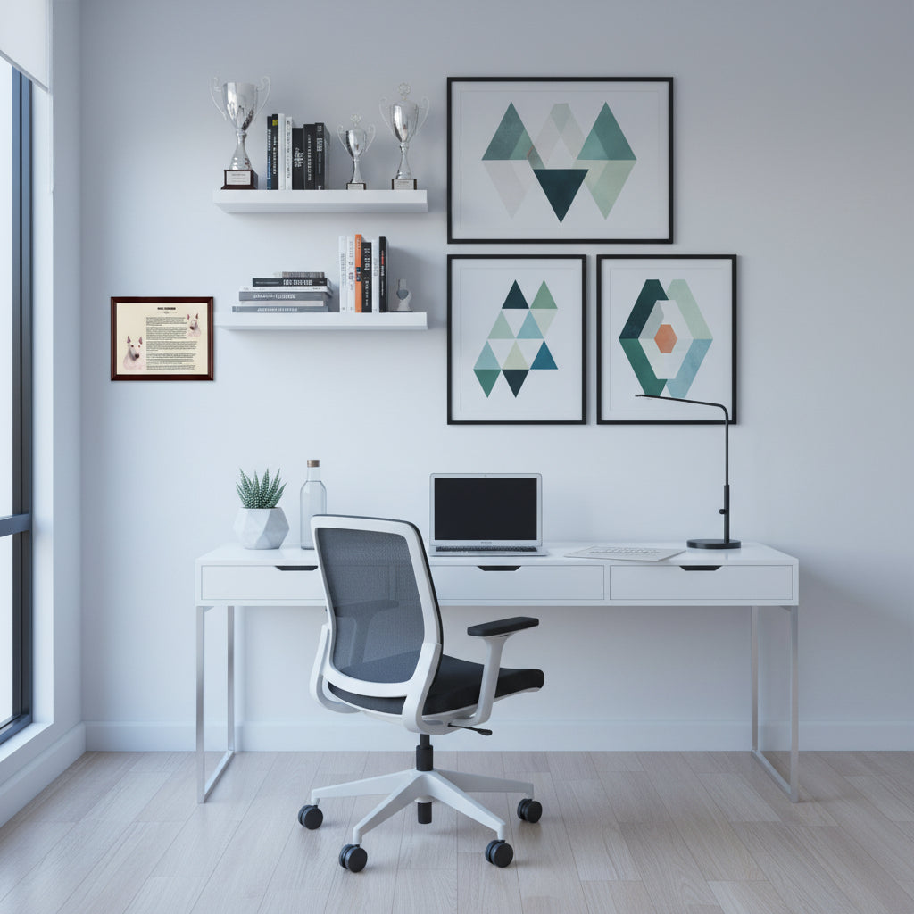 Modern home office with a desk, chair, and Bull Terrier-Heritage History Dog Breed Portrait on the wall.