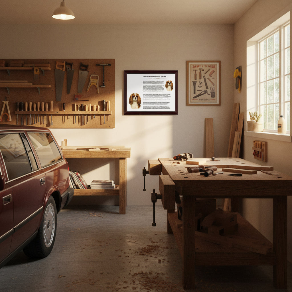 Wooden workshop with tools, workbench, and Cavalier King Charles Spaniel-Heritage History Dog Breed Portrait on the wall.