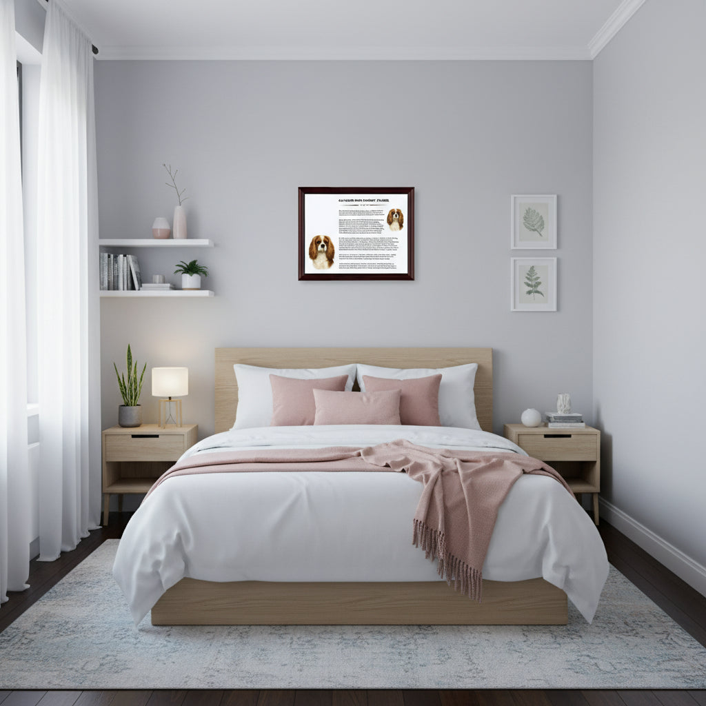 Bedroom with a bed, nightstands, and Cavalier King Charles Spaniel-Heritage History Dog Breed Portrait on wall .
