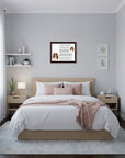 Bedroom with a bed, nightstands, and Cavalier King Charles Spaniel-Heritage History Dog Breed Portrait on wall .