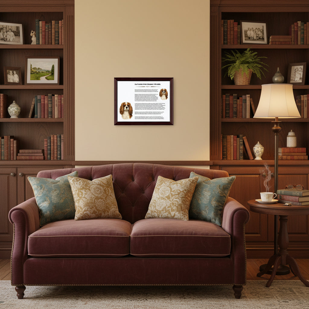 Living room with a brown sofa, bookshelves, and a Cavalier King Charles Spaniel-Heritage History Dog Breed Portrait on the wall.